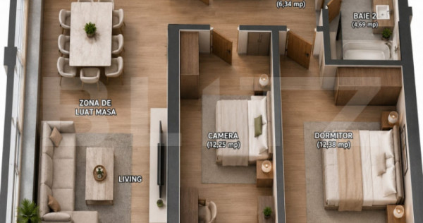 Apartament 3 camere, 69.50 mp + balcon 6,51 mp, zona Tudor