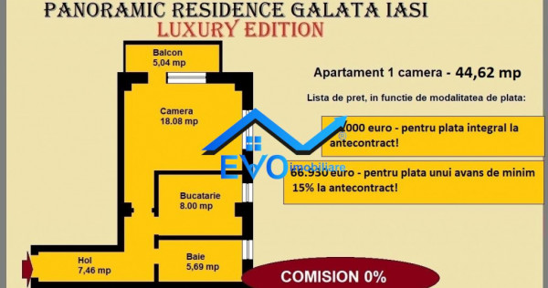 Apartament 1 camera, 44,62 mp, decomandat, de in Galata Ias