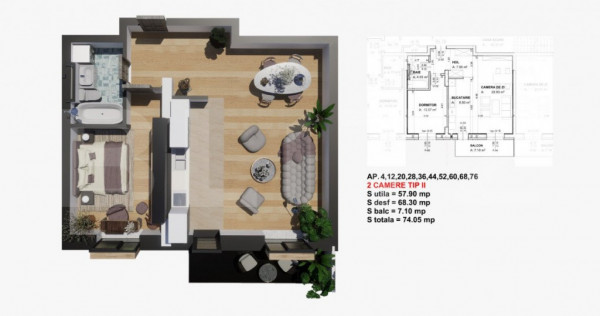 Comision 0% la cumparator! Apartament 2 camere, 65 mp, Satin