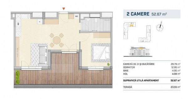 Apartament 2 camere, finisat cu terasa, orientare SUDICA