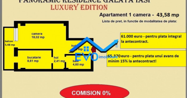 Apartament 1 camera, 43,58 mp, decomandat, de in Galata Ias