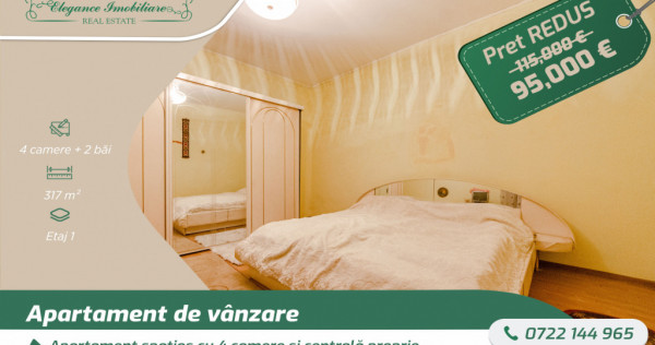 Apartament spațios cu 4 camere și centrală proprie, zona