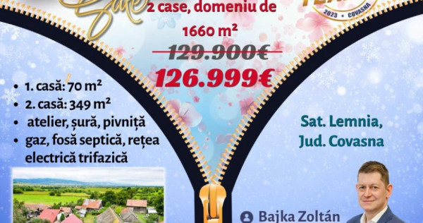 FILM! 2 case,domeniu de 1.660mp, cu atelier,anexe,Lemnia,Co