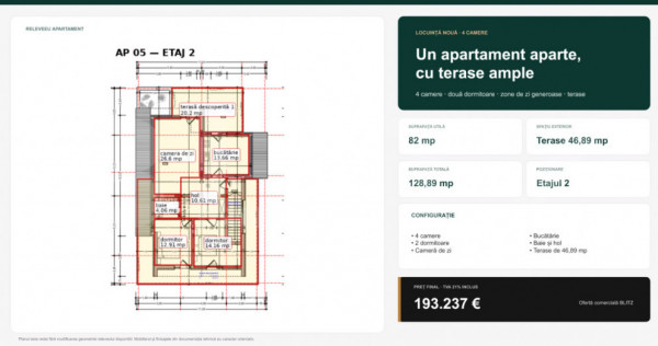 Apartament cu 4 camere și terase ample, 128,89 mp total