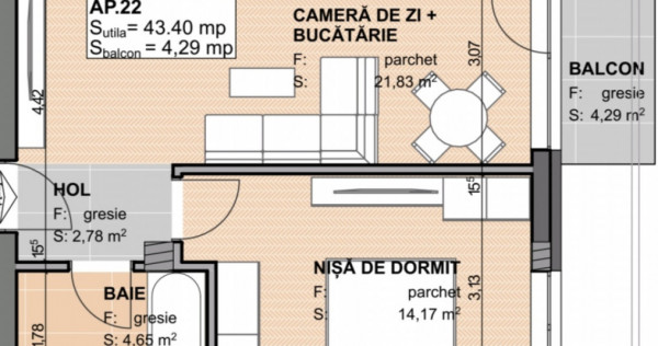 Apartament 2 camere semidecomandat 43.4 mp, Semifinisat, Est