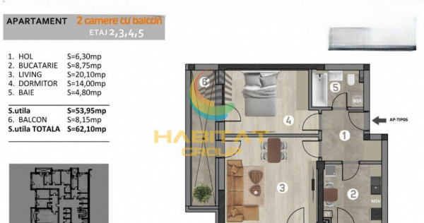 Apartament 2 camere 54 mp + balcon in Popesti Leordeni